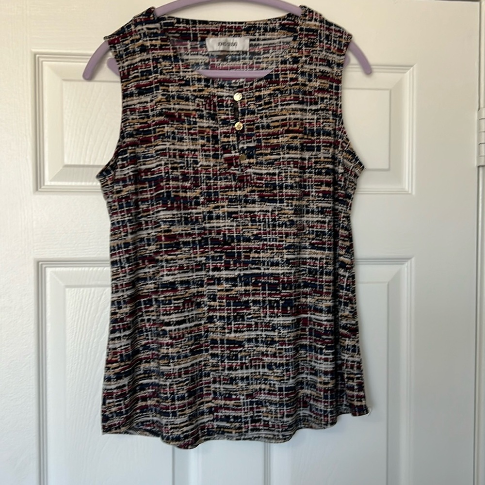 Blouse. Blue/res/tan/black. L